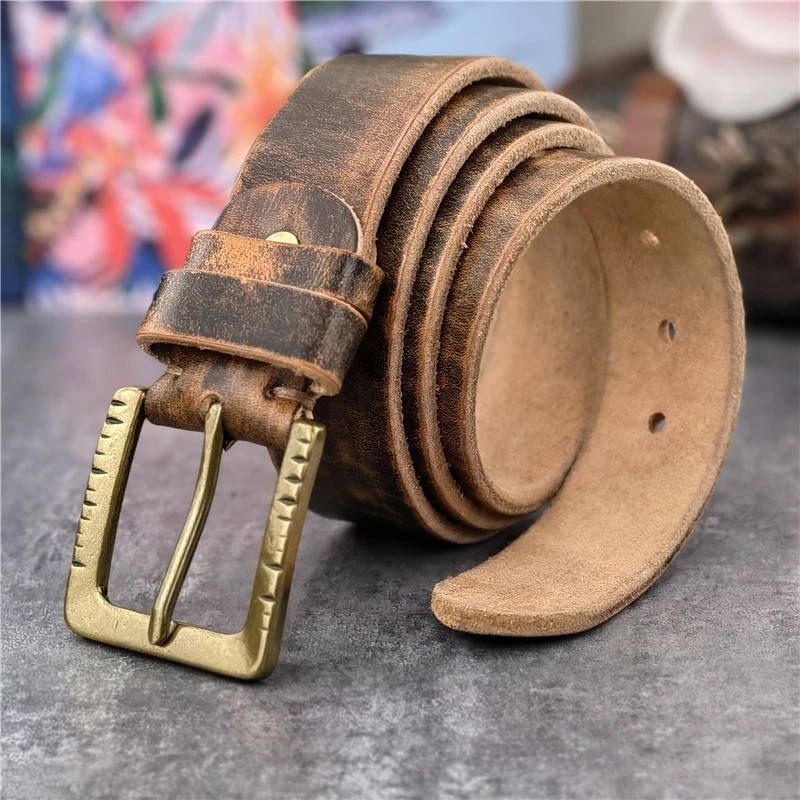 Retro Brass Belt Buckle Top Thick Genuine Leather Belts For Men Cowboy Jeans Long Men's Belt Ceinture Waist Belt Male MBT0542