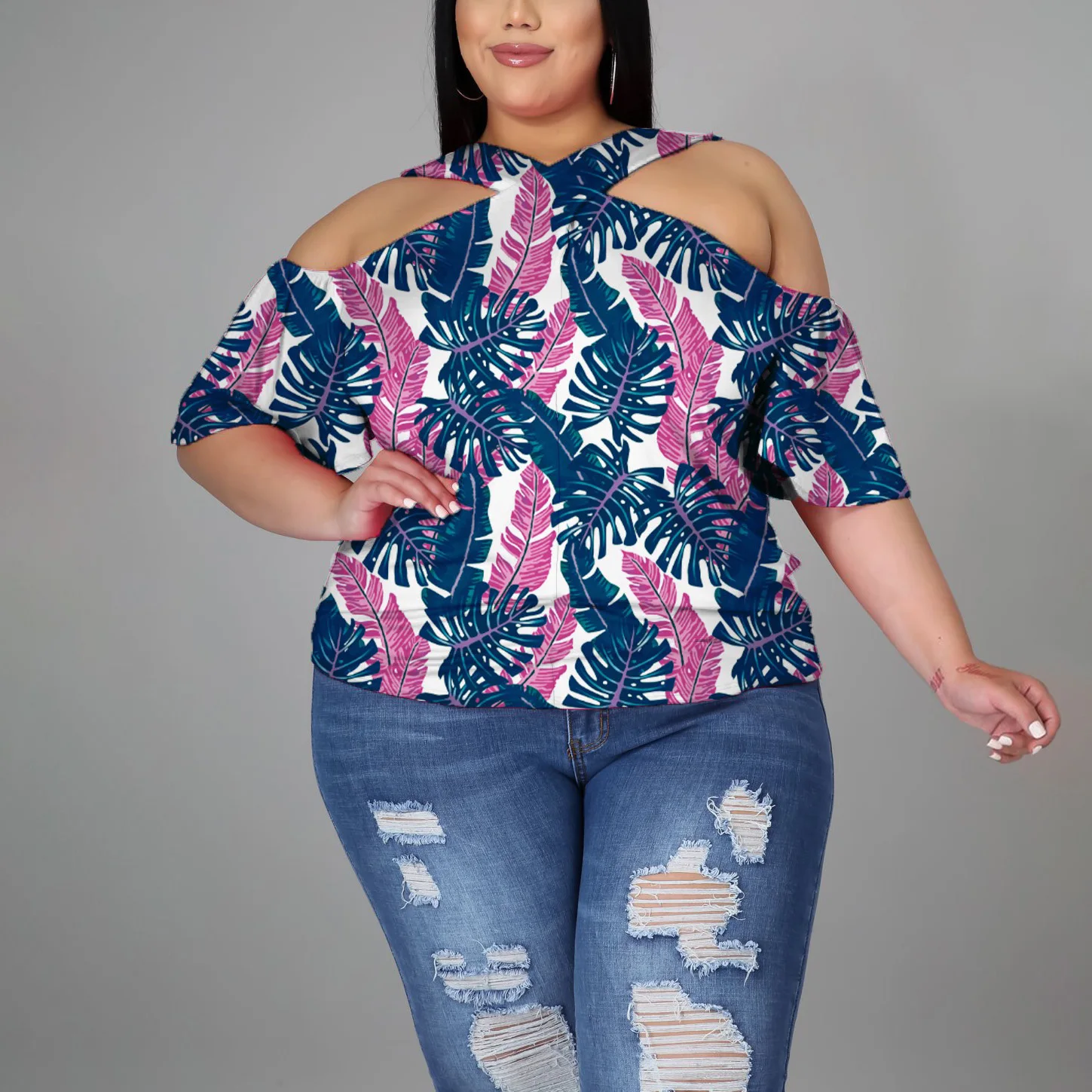 

3XL 4XL Plus Size Shirts For Women Fashion Summer 2021 Cold Shoulder Flare Sleeve Printed Causal Daily Wear Tops Shirts Big Size