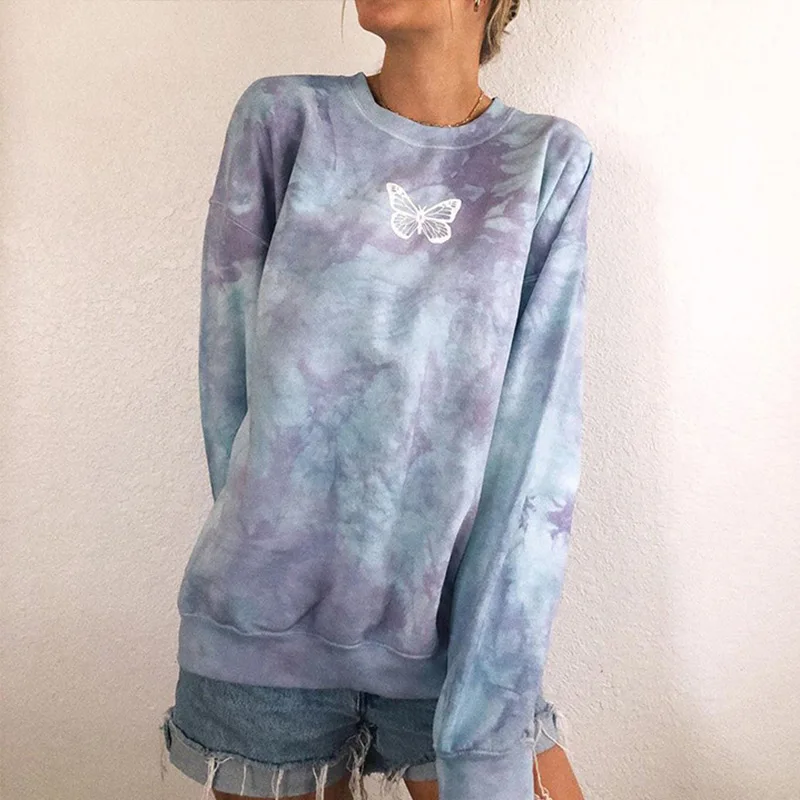 

Tie Dye Butterfly Print Women Sweatshirts Autumn Plus Size O-Neck Long Sleeve Lady Sweatshirt Nice Fashion Female Pullover Tops
