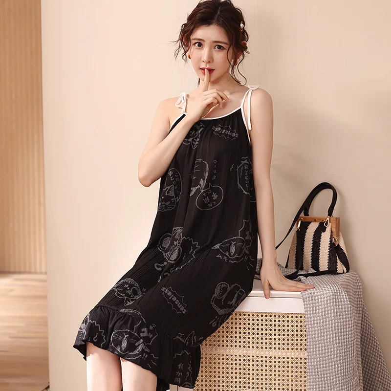 

Women Sleepwear Summer Sleeveless Cotton Plus Size Homewear Funny Black Graffiti Female Dress Sexy Spaghetti Strap Night Dress