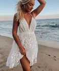 Женское пляжное платье на бретельках, Белое Облегающее Платье-пачка мини без рукавов с вышивкой, высокой талией и глубоким V-образным вырезом для отпуска, 2020