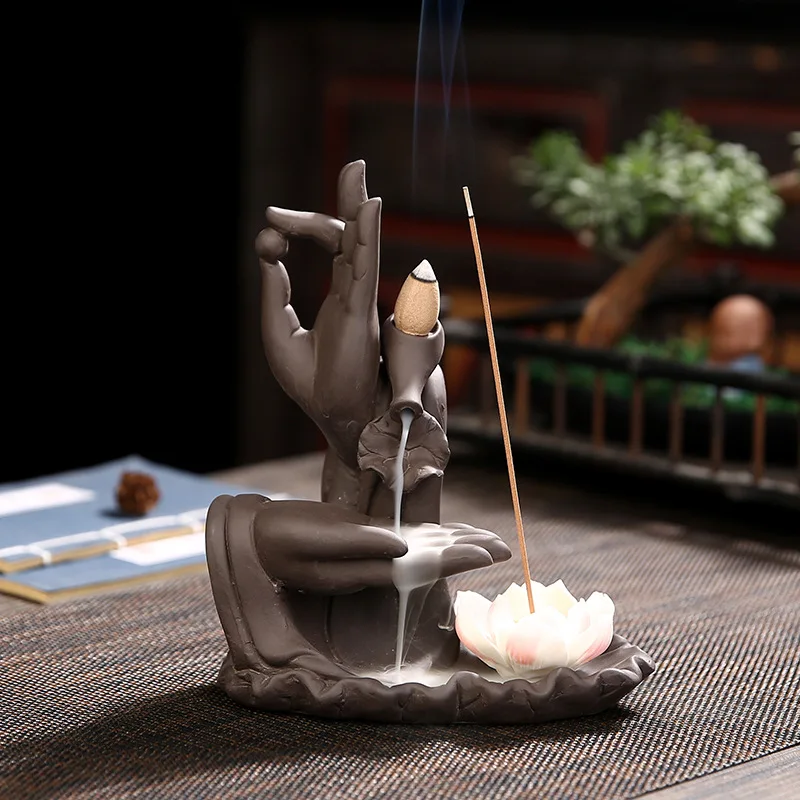 Горелка для благовоний керамическая ручка Будды лотос водопад курильница с