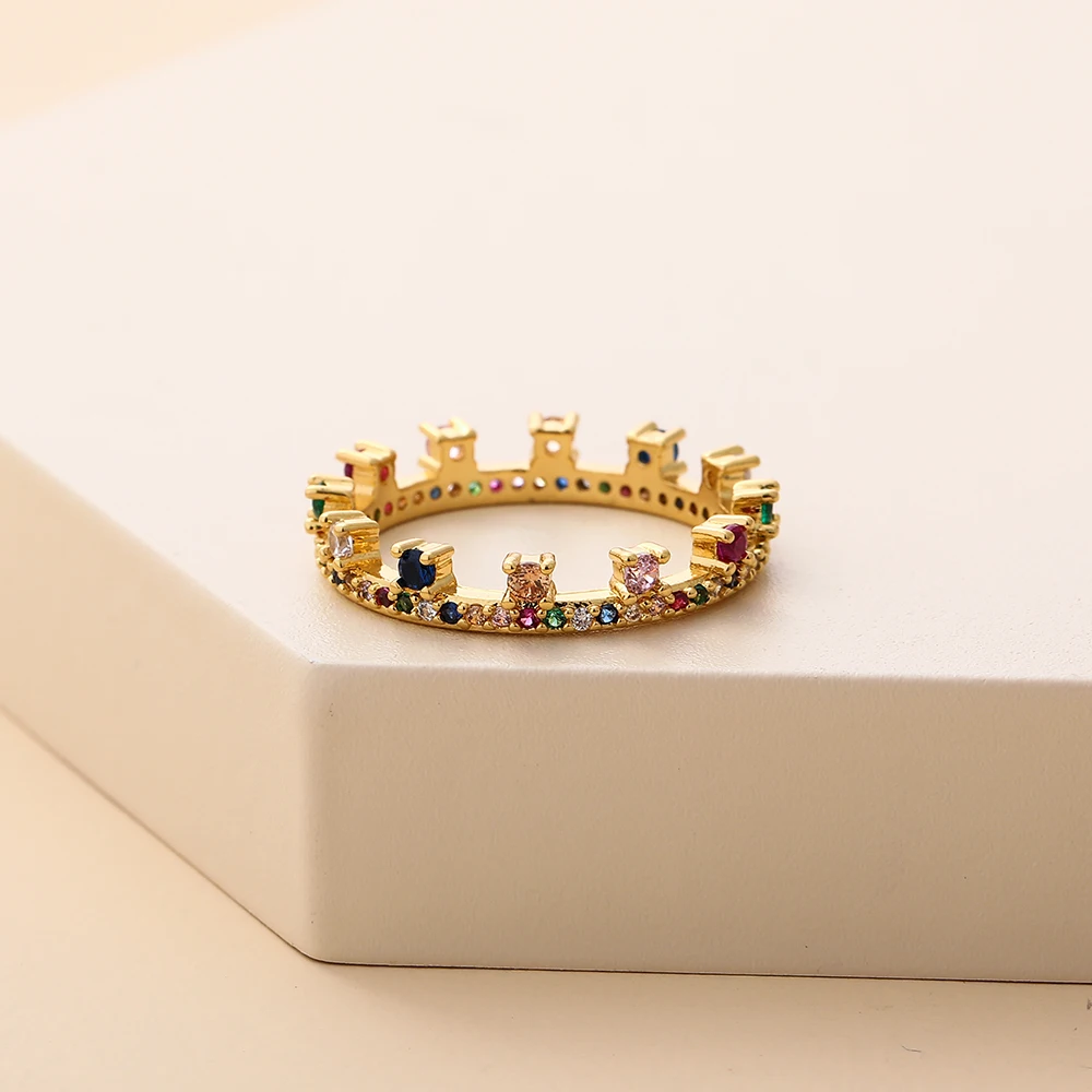 

Fashion Rose Gold Crown Rings 2021 Colorful Zircon Cz Rings Wholesale Wedding Engagement Gift Jewelry Accessories for Women