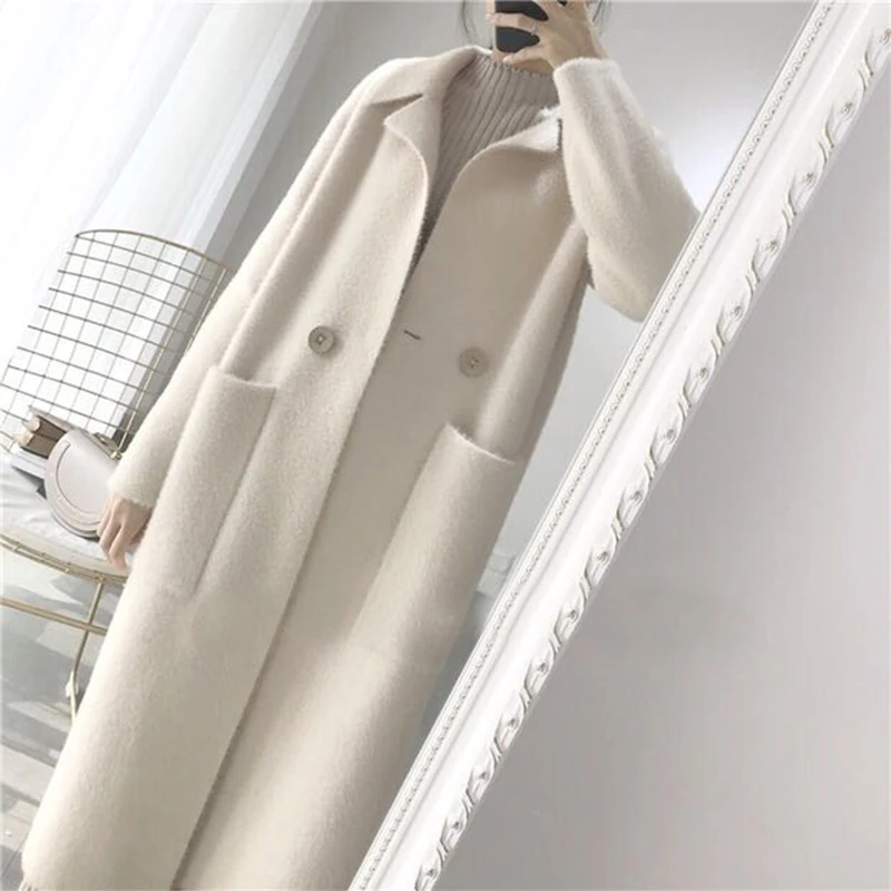 new autumn winter wool coat women elegant vintage velvet blend loose thick long slim cardigan cashmere coat female