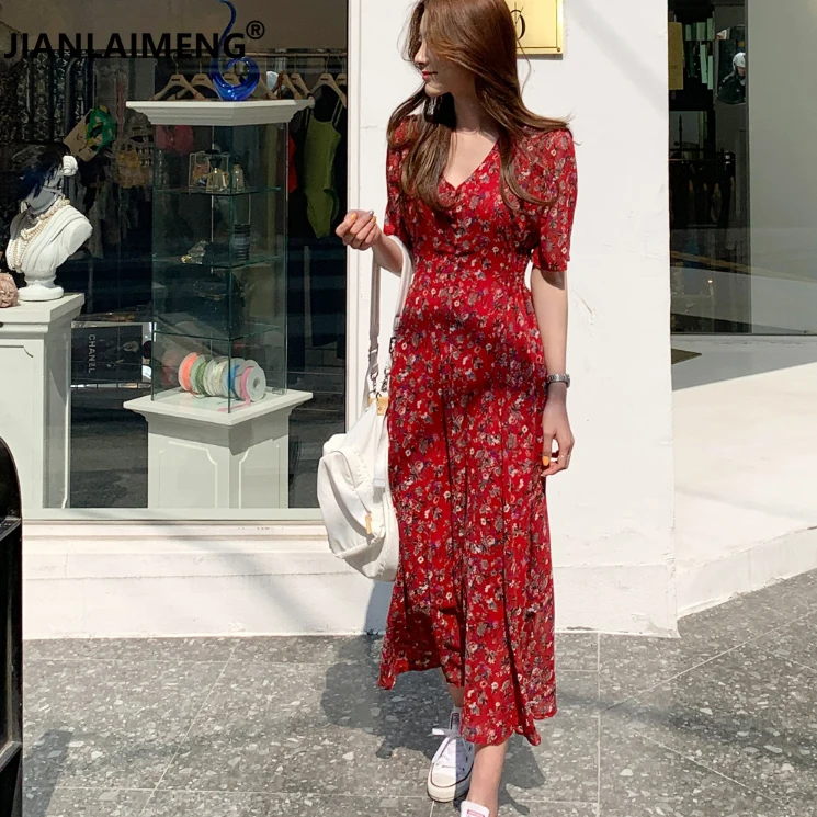 Женское шифоновое платье с цветочным принтом Красное Длинное Элегантное