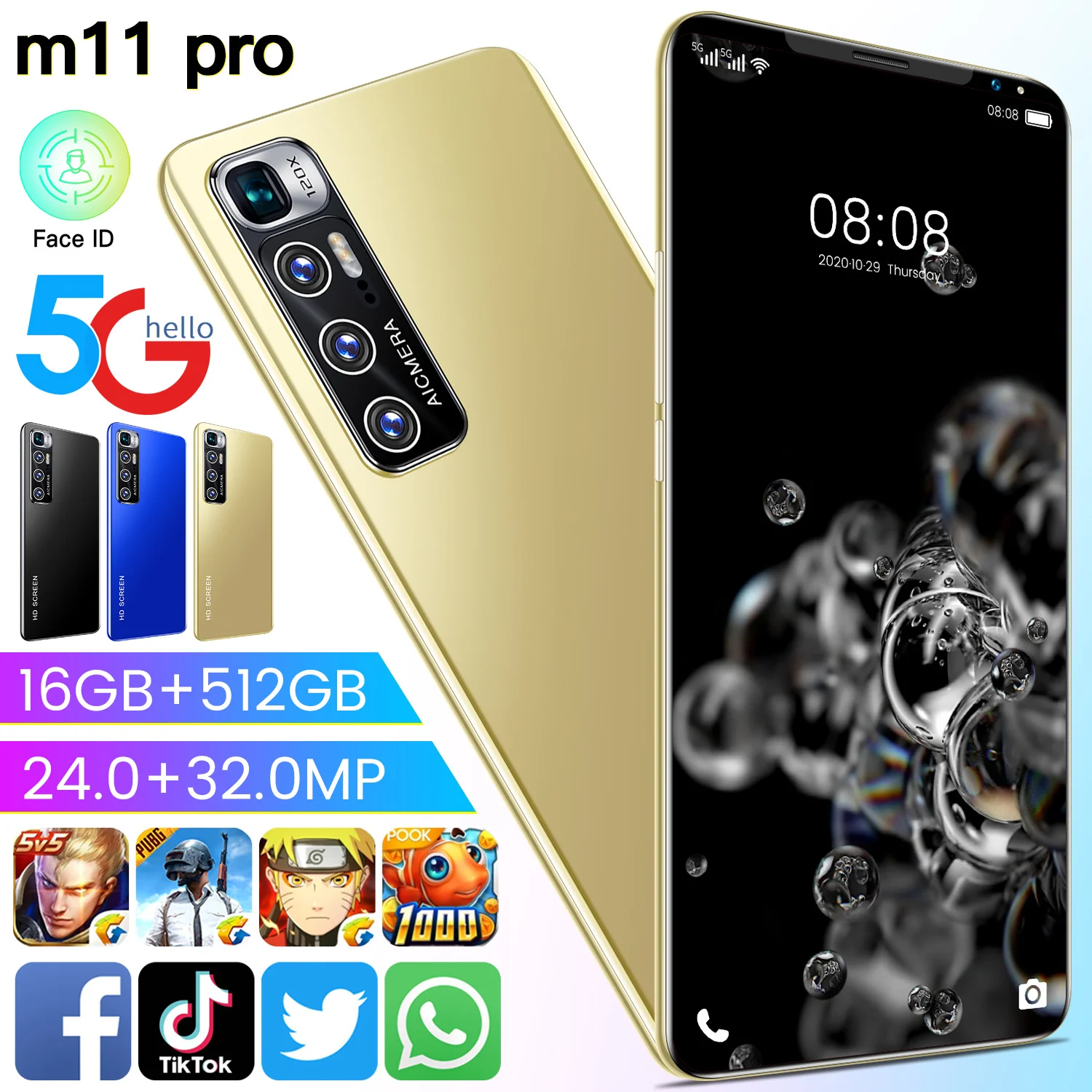 

New m11pro Android10 16-512GB large MEMORY HD screen 5G 5600 mah 5.5-inch large screen 10 core student fashion gaming smartphone