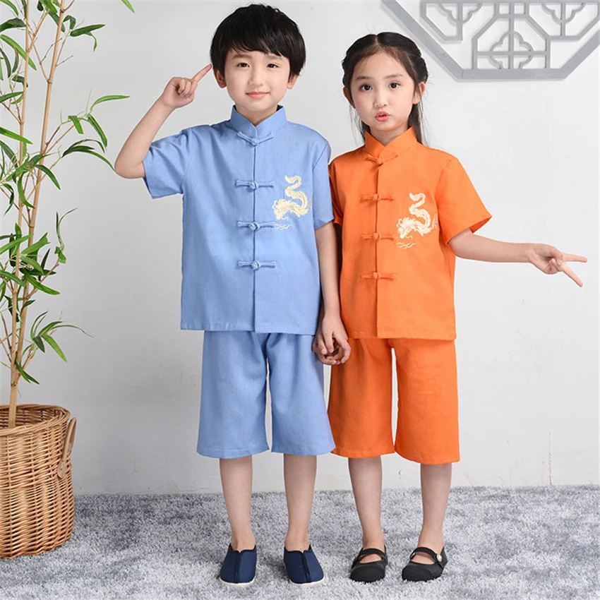 Детский костюм Hanfu Tang куртка для маленьких девочек и мальчиков брюки с вышивкой