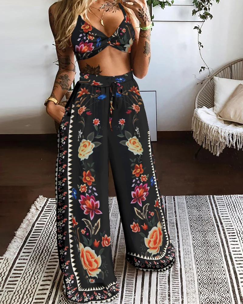 

Summer Women Two Piece Sets Tracksuits Outfits Butterfly Print Tube Top Sets Female Sports Beach Bra Loose Wide Leg Pants Sets
