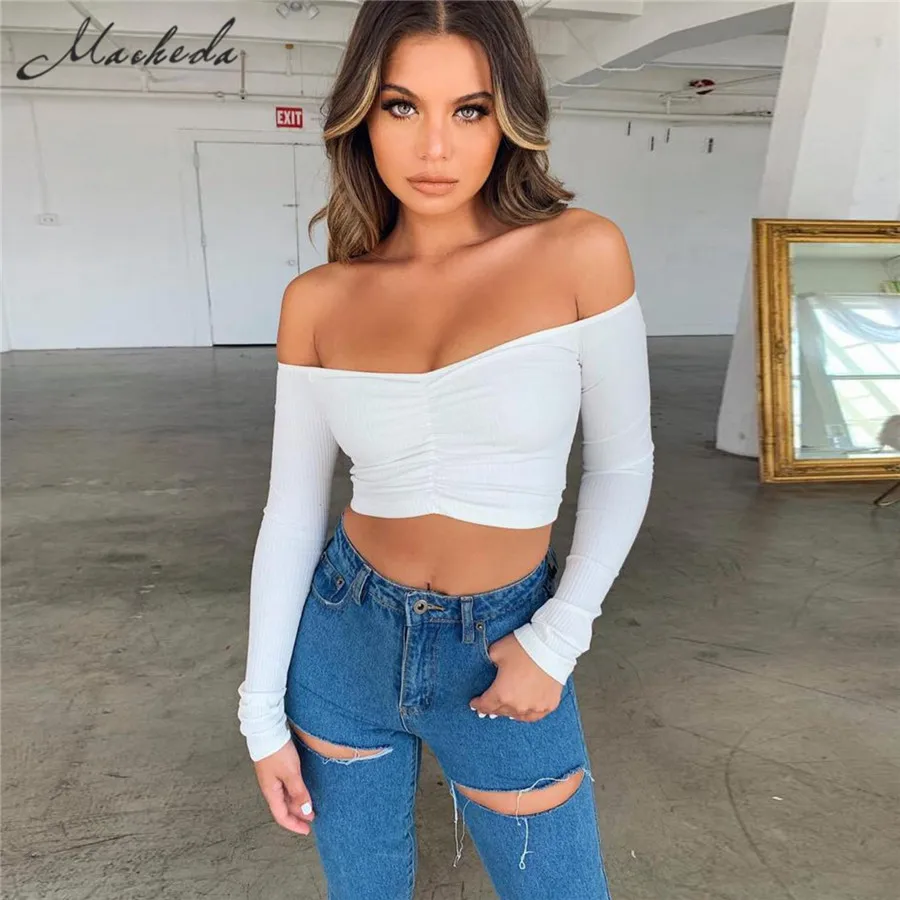 Macheda Женская короткая трикотажная однотонная майка топ с длинным рукавом без