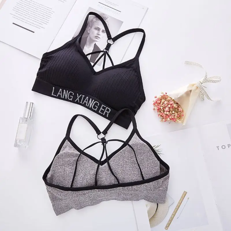 Womens Halter Sexy V-Neck Push Up Underwear Bra Seamless Wire Free Letters Bralette Parachute Beauty Back Sports Crop Top Vest
