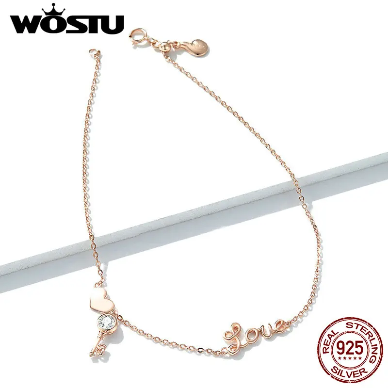 WOSTU 100% Настоящее серебро 925 пробы сердечко ножной браслет классический розовый