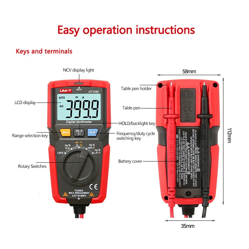 UNI-T UT125C карманный цифровой мультиметр DC/AC 400uA ~ 400mA резистор конденсатор Частота