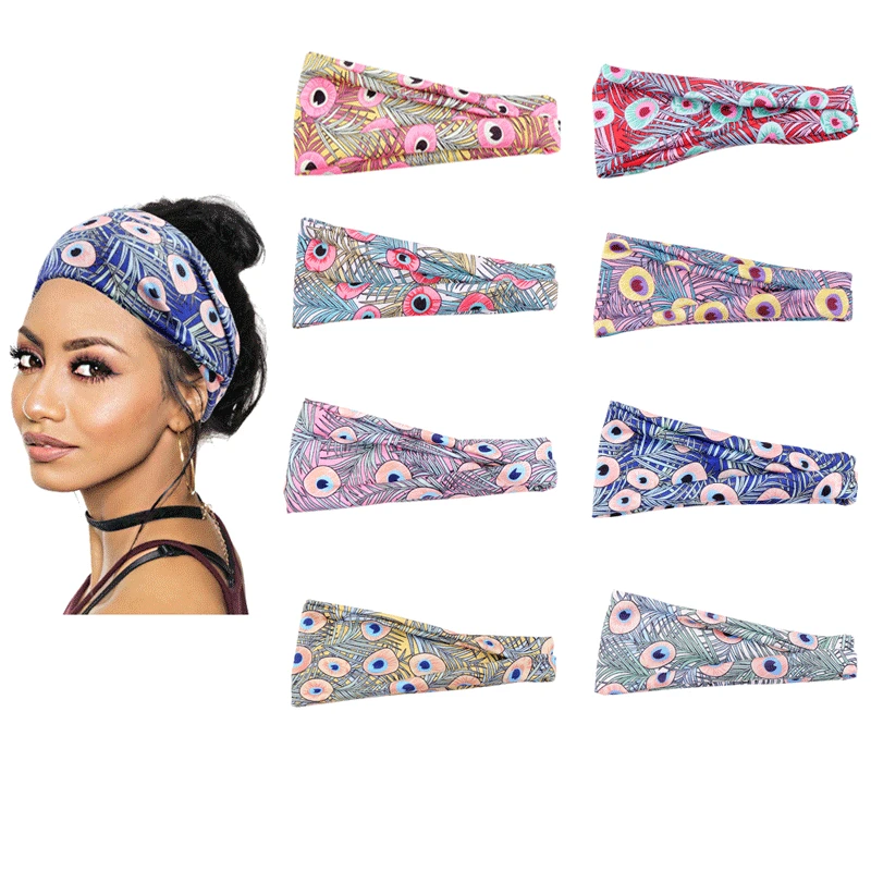 

New Wide-Brimmed Colorful Peacock Printed Sports Headband Cross Rubber Band Headband Multicolor Headband Silk Scarf Band