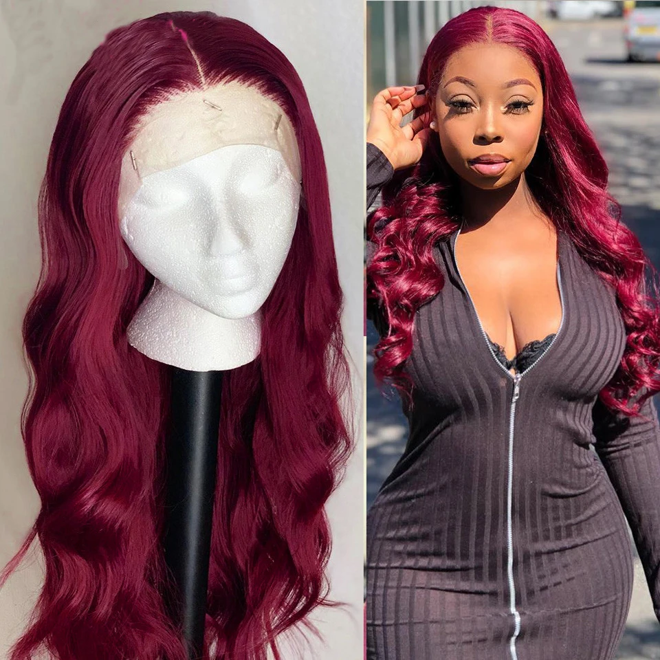Темно-винный натуральный перука с крупной волной "180% Dark Wine Body Wave Lace Front Wig For Black Women Human Remy Hair With Babyhair Preplucked Brazilian Deep Part Burgundy On"