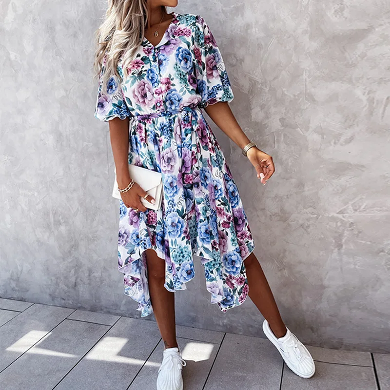 

Летнее шифоновое платье с коротким рукавом и цветочным принтом, элегантные женские модные Необычные облегающие вечерние платья