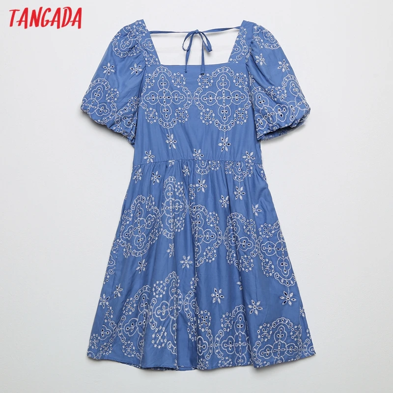 

Tangada 2021 Fashion Women Blue Embroidery Dress Puff Short Sleeve Square Collar Ladies Vintage Dress 6H116