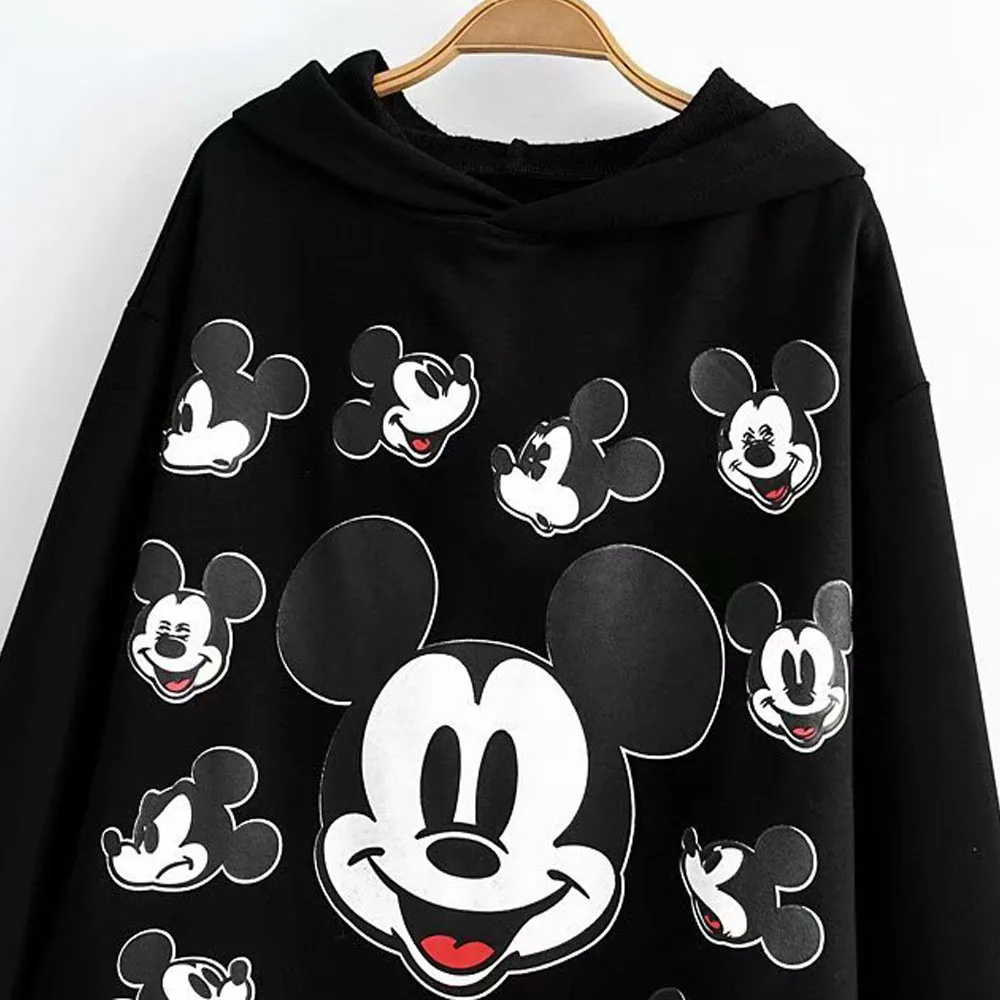 Disney Стильная черная футболка с принтом Микки Мауса, пуловер с капюшоном, модный Женский Повседневный Свободный Топ с длинным рукавом в стиле Харадзюку