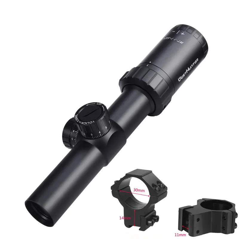 WESTHUNTER 1-5X24 компактный охотничий прицел Mil Dot сетка Riflescope противоударные башенки Блокировка сброса оптических прицелов для воздушного пистолета - Цвет: Low 11mm Rings