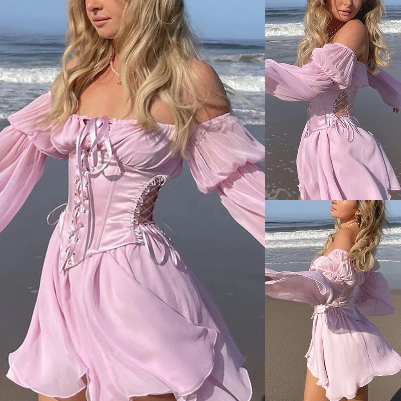 

Pink Chiffon Dress Women Casual Dresses Summer Vaction Party with Long Flared Sleeves Hollow Waist Bandage Off-Shoulder