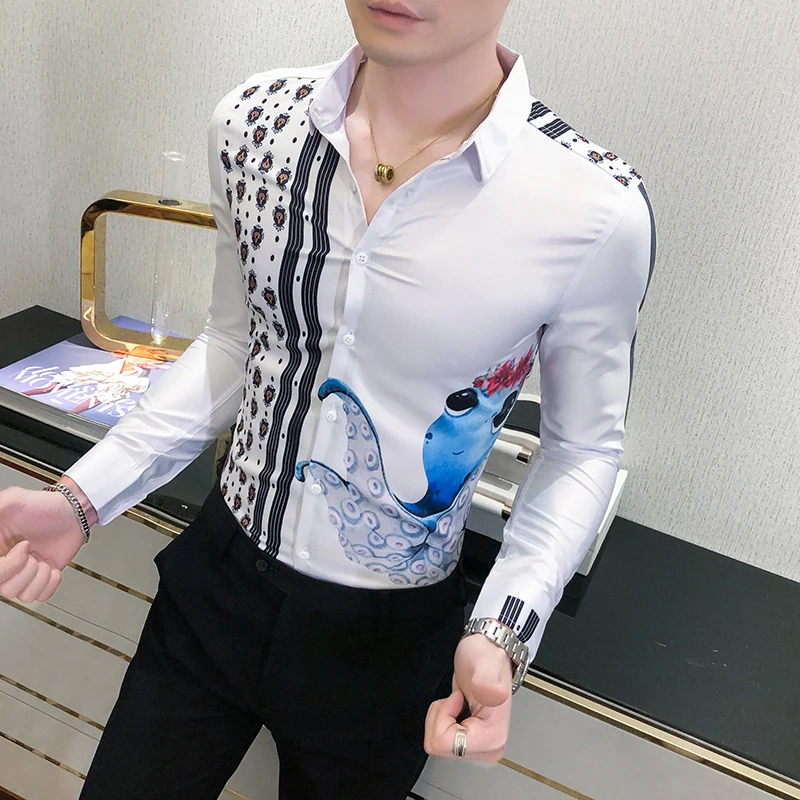 Мужская приталенная рубашка белая с цифровым принтом длинным рукавом смокинг