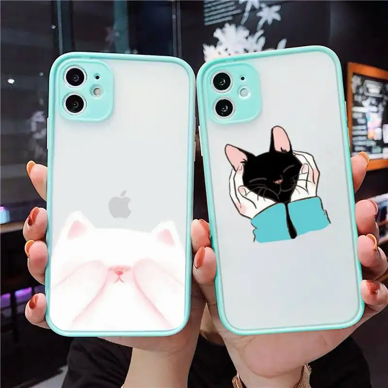 

Cute kitten Phone Case For iPhone 12 11 Mini Pro XR XS Max 7 8 Plus X Matte transparent blue Back Cover
