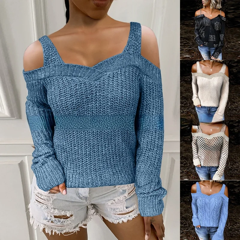 

Женский свитер с открытыми плечами, новинка 2021, пикантный однотонный Повседневный свитер с длинными рукавами на бретелях