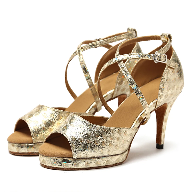 Woman Heel Latin Dance Shoes Women Ballroom Tango Dancing Shoes Platforms Gold Silver Black High Heels Salsa Performance Sandals