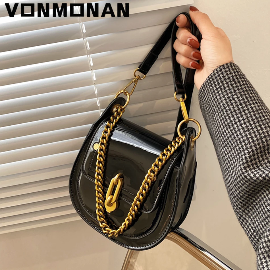 

Women Crossbody Shoulder Bags Casual Saddle Bags for Women Luxury Metal Chain Handbag and Purse Bright Patent Leather Lady Sac