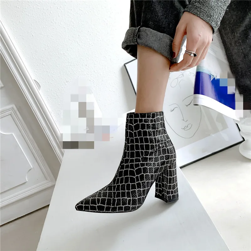 

YMECHIC Block High Heel Dress Womens Shoes Stone Patter Plaid Black Gray Pointed Toe Woman Bootie Big Size Fashion Ankle Boots