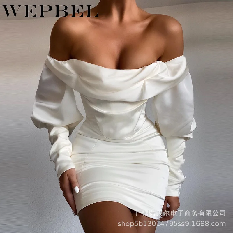 

Mandylandy Women Elegant Off Shoulder Strapless Party Dress Casual Lady Long Sleeve High Waist Skinny Pencil Dress Evening Dress