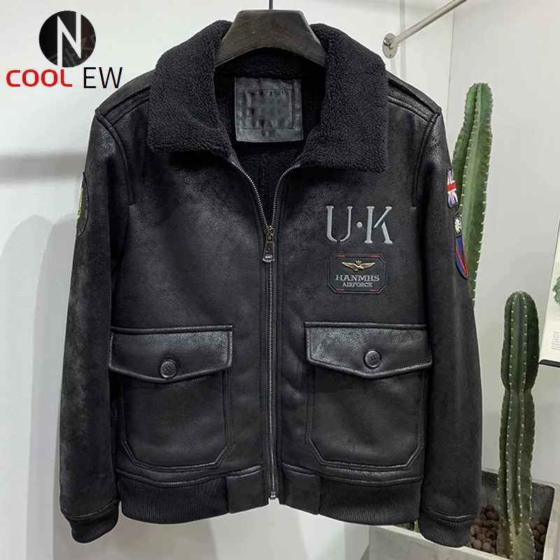 

Зимнее плотное теплое пальто с меховой подкладкой, большой и высокий Мужской плащ из овчины, мягкая куртка-бомбер ВВС из меха ягненка, верхн...