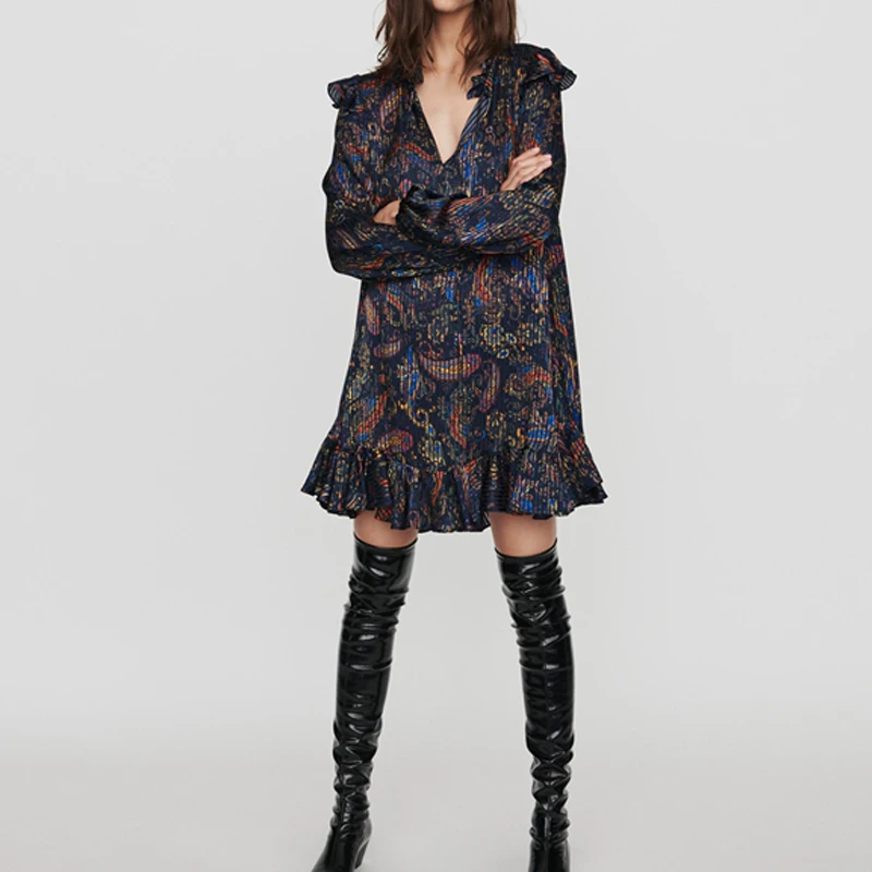 Женские мини платья CAMIA повседневные плиссированные с длинным рукавом и v