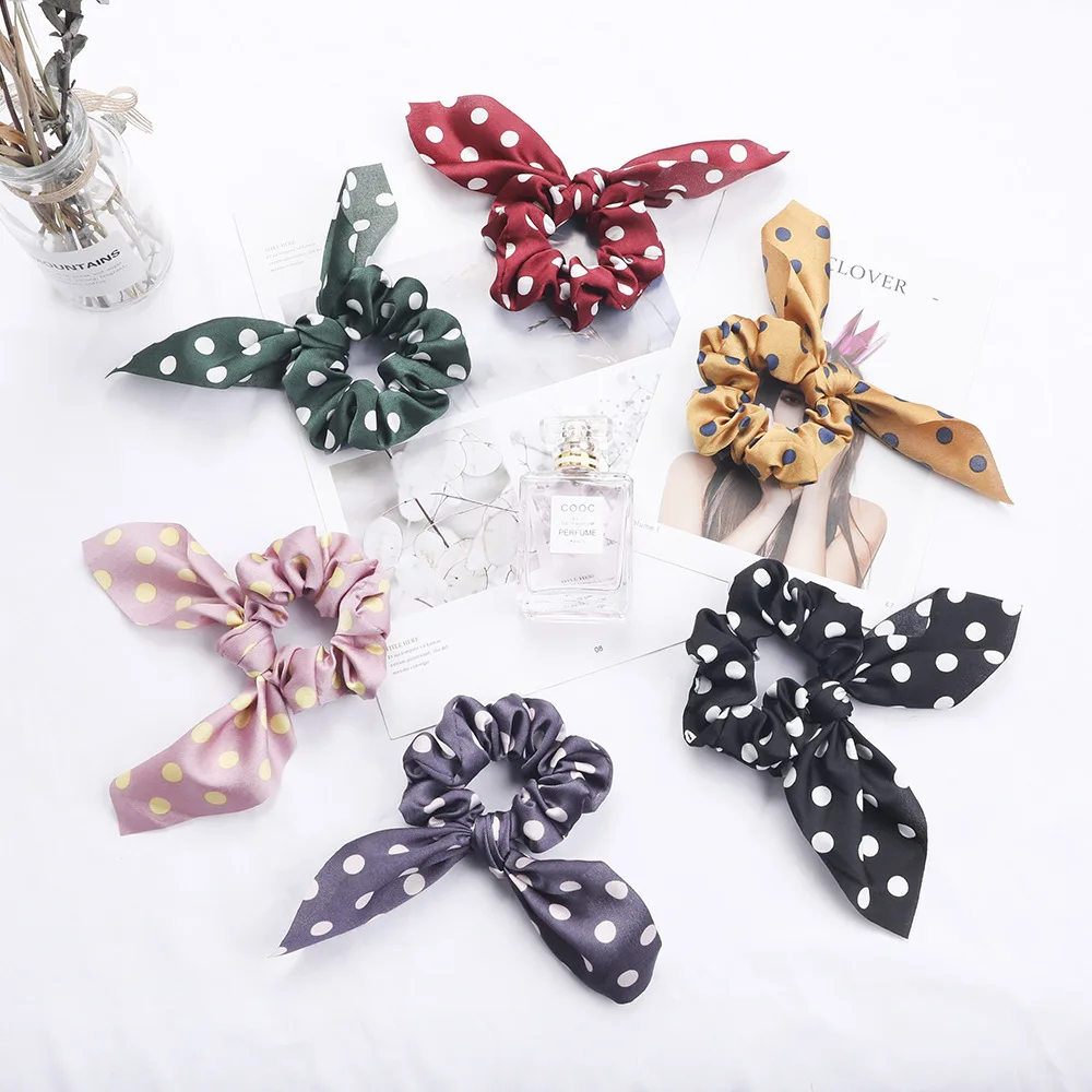 

Women Fashion Scrunchies Red Pink Black White Dots Rabbit Ears Knotted Hair Rope Bow Ponytail Holder Hair Ribbons Hair Ring