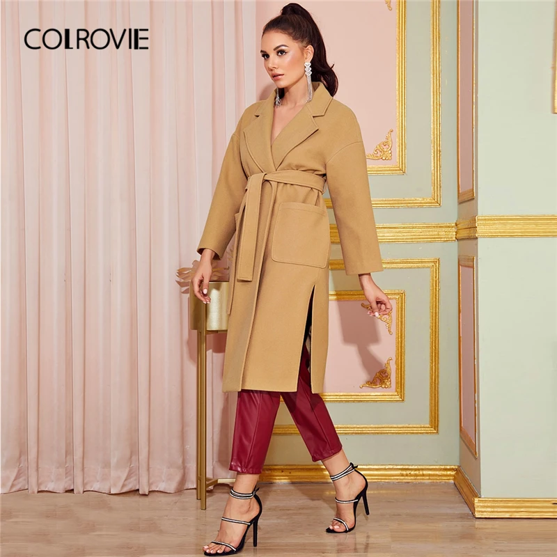 Женское однотонное пальто с поясом COLROVIE повседневное длинное отложным