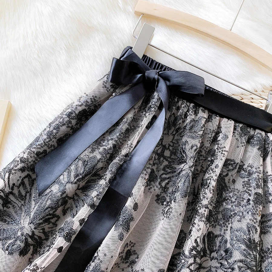 

GTGYFF Summer Embroidery Sequins Skirts For Womens Black Vintage Castual Midi A Line women's Skirts With Bow Femme Faldas Saias