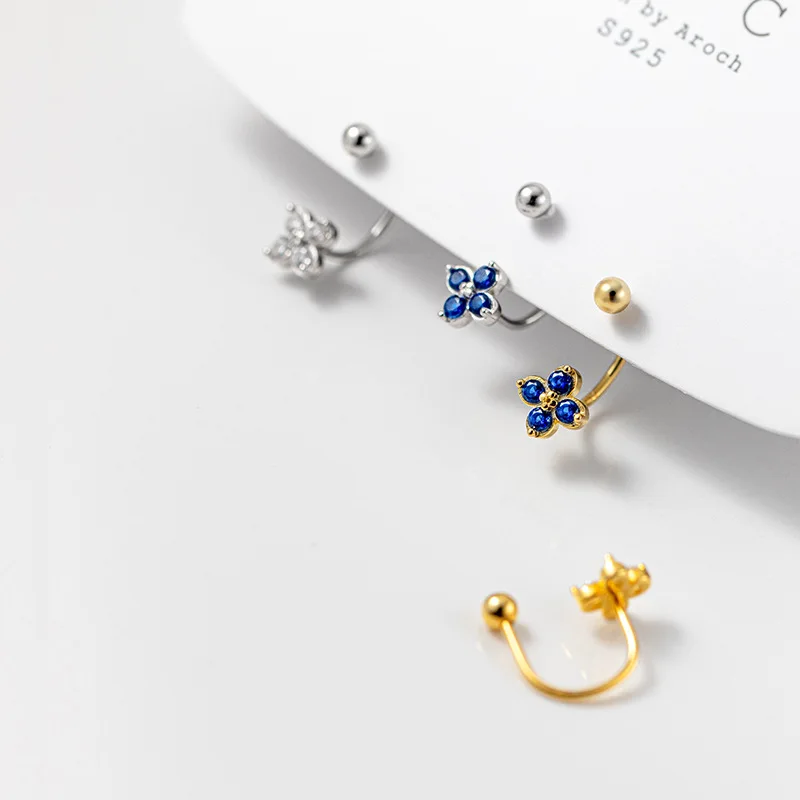 

Реальные 925 стерлингового серебра бело-синие серьги-гвоздики в виде цветка задней части винта U Форма ювелирные изделия для женщин и девочек