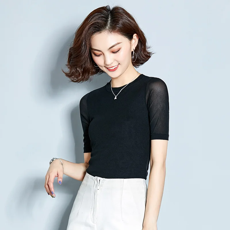 

Summer Women's Clothing Office Lady Mesh T Shirt Sexy Feminine T-shirt Bottoming Shirt Female Fashion T-shirt Plus Size XXXL