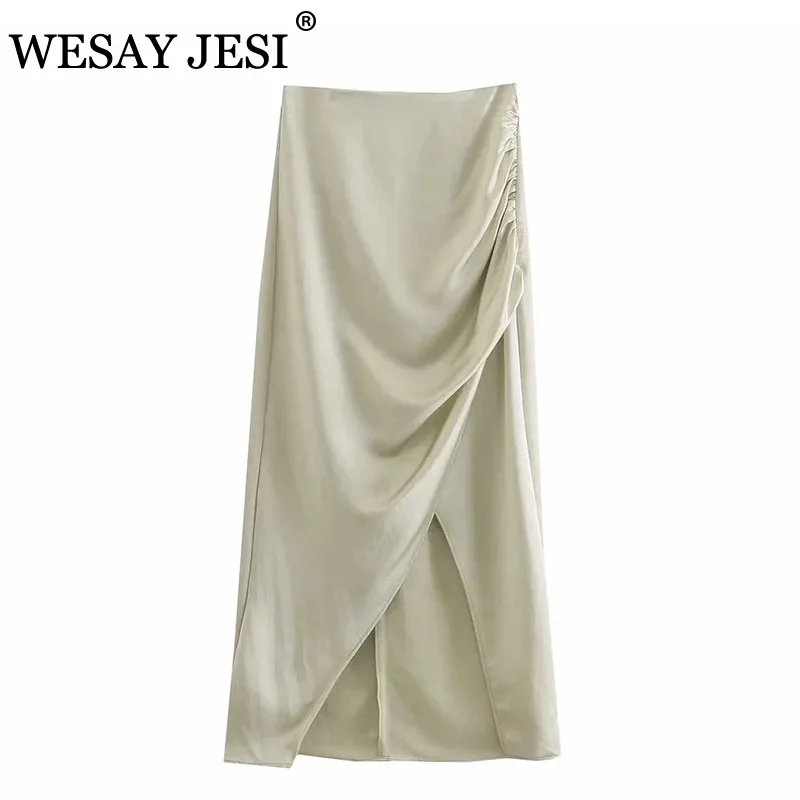 

WESAY JESI Skirt Fashion Solid Color High-Waisted Skirt TRAF ZA Elegant Woman Clothes Shirring Split Long Skirts Office Lady