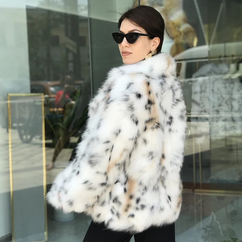 EIFURKOP Sexy Fashion Leopard Pattern Real Fox Fur Coat with big Collar Women Natural Fox Fur Jacket Long Sleeves WarmFur Coats
