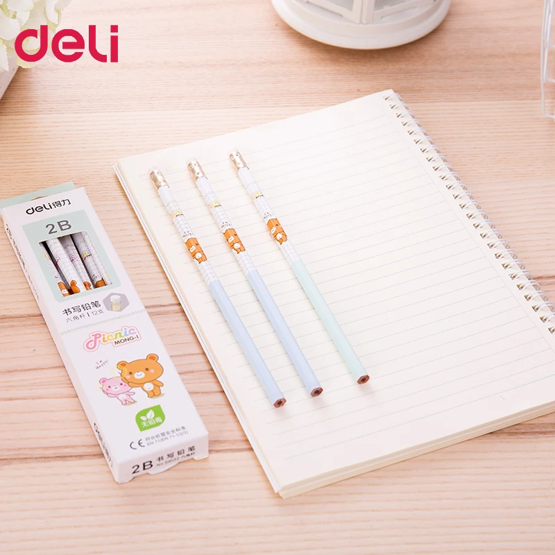 Deli 12 Pcs High Quality 2B Pencils Cute Cartoon Bear Wood Pencil with Eraser School Stationery Student Prizes Drawing Supplies |