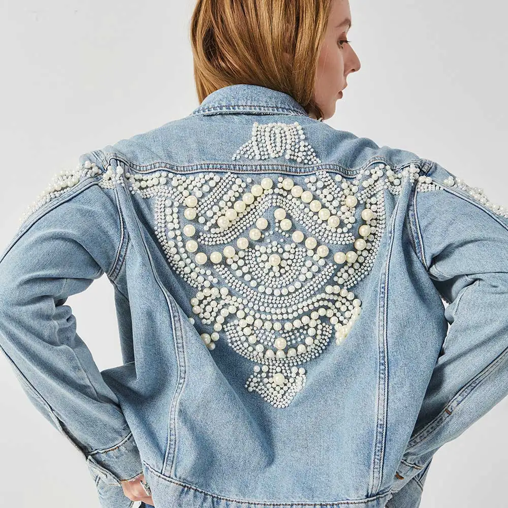 

Boho Inspired Bead Embellished Denim Jacket women cotton winte women coat bomber jacket vintage jacket coat pearl 2021 outwear