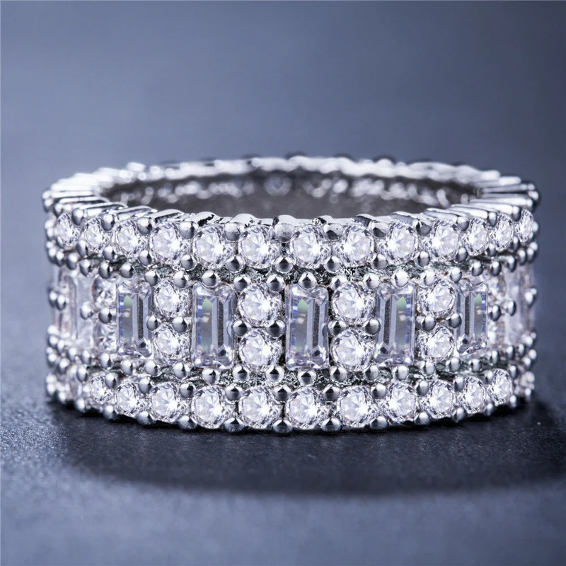 

Hot Selling Fashion Silver Color Inlaid Small Rectangular White Zircon Full Crystal Ring for Ladies Engagement Ring Whole Sale