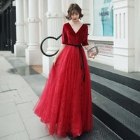 special occasion dresses illusion v neck half tulle sequined beading pleat a line burgundy elegant vintage women prom gown e916