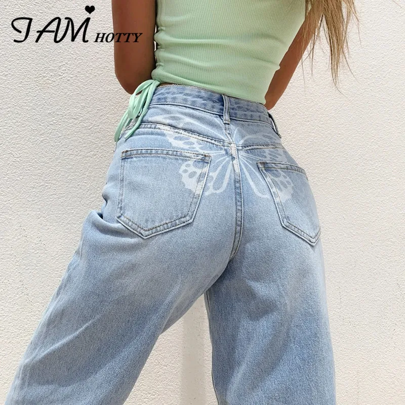 

Hip Butterfly Print Harajuku Fashion y2k Jeans Women Streetwear Casual Baggy Straight High Waist Mom Denim Oversize 90s Iamhotty
