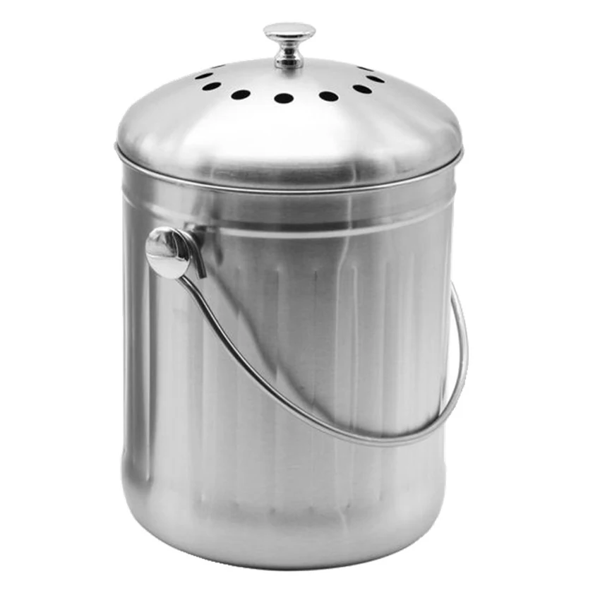 

1pcs Stainless Steel Storage Bucket Waste Bin With Lid Kitchen Waste Bin Round Portable Recycling Bucket for Hotel Home Kitchen