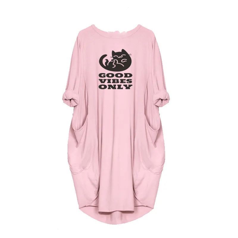 

New Arrival Cat Good Vibes Fashion Long Sleeve Dress Women Casual Loose Irregular Midi Dresses Female Streetwear Kpop Clothes