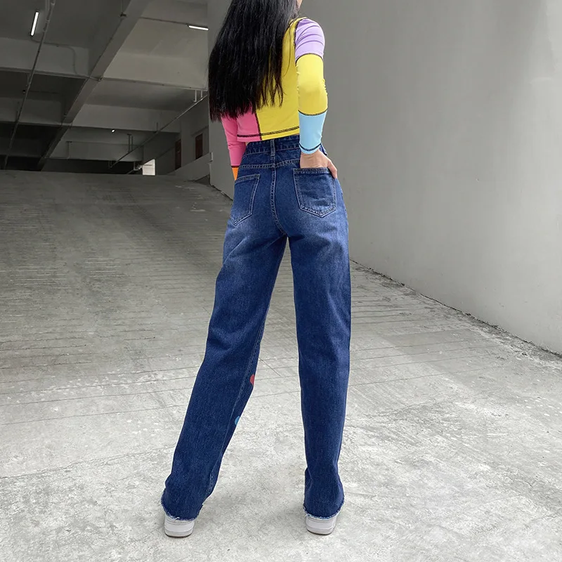 

Colorful Heart Print Jeans Women High Waist Straight Long Trousers Streetwear Vintage Harajuku Capris Ladies Denim Pants