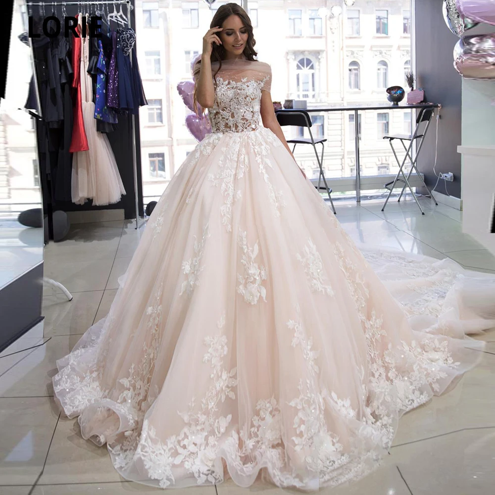 

LORIE Light Pink Ball Gown Wedding Dresses with off Shoulder 2020 Lace Appliques Boho Princess Bridal Gown Puffy Royal Train