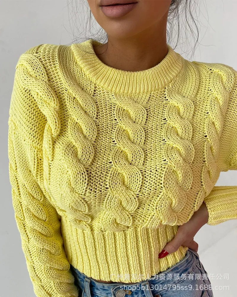 

2021 new yellow knitted short sweater women's long sleeve casual jumper fashion o neck pullover