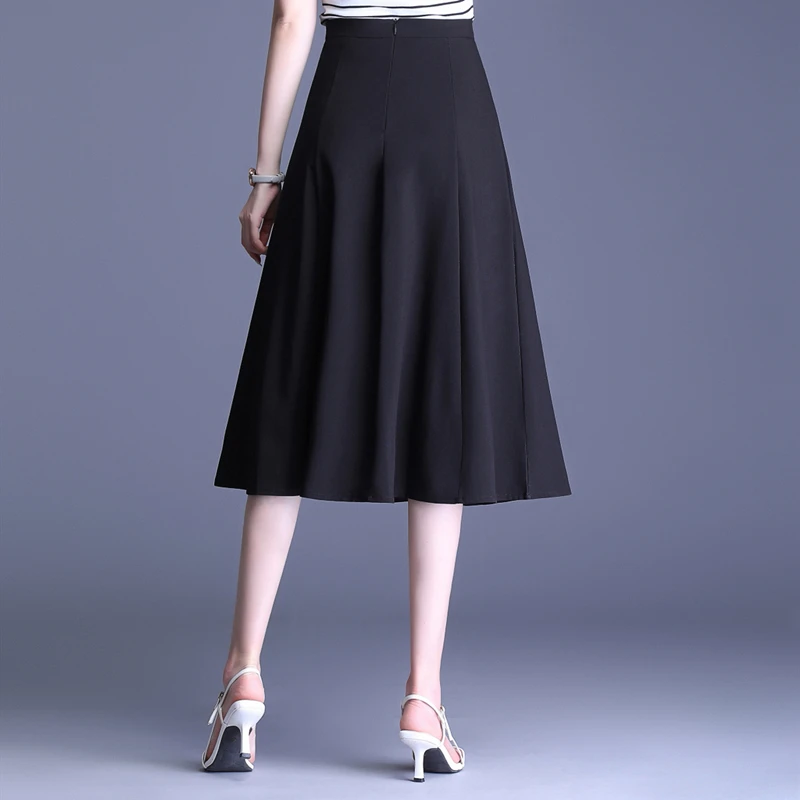 

New Office Ladys Solid Color Women Elegant MidiFemale A Line High Waist Fashion Skirt